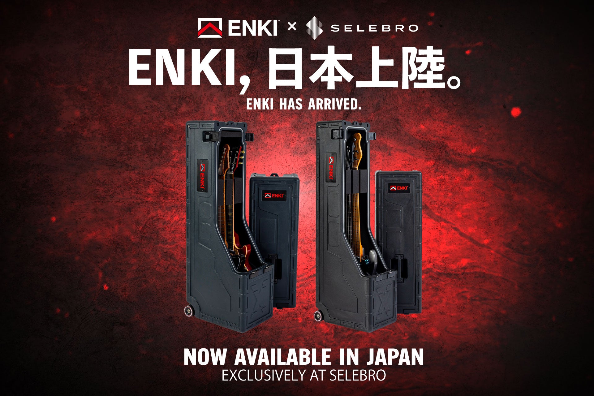 ENKI X2ギターケースとXBベースケースの公式国内販売画像。開いたケースと収納例