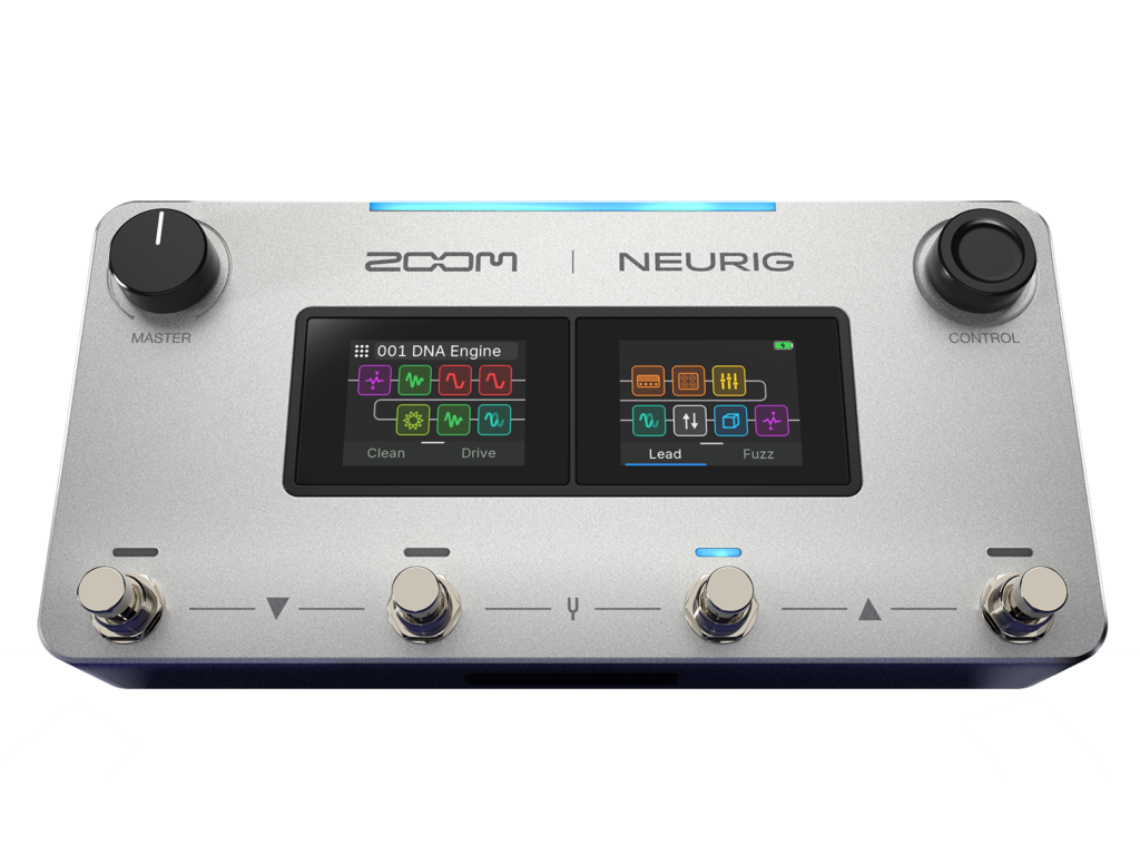 ZOOM NEURIGの本体前面。デュアルタッチスクリーンと4つのフットスイッチ