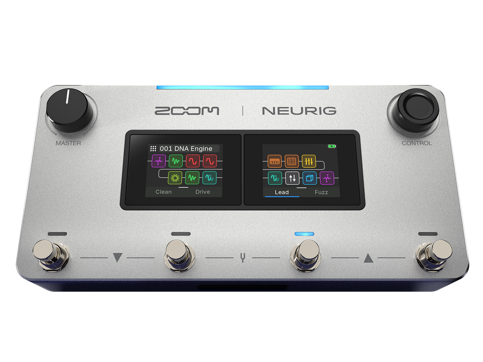ZOOM NEURIGの本体前面。デュアルタッチスクリーンと4つのフットスイッチ